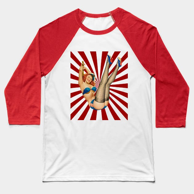 Beautiful Red Haired Pin-up Girl Retro Sunset Pattern Baseball T-Shirt by AdrianaHolmesArt